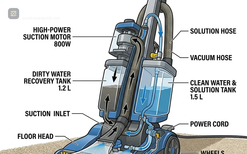 Cutaway diagram of a consumer carpet shampooer showing the brush roller, spray nozzle, and dual-tank recovery system