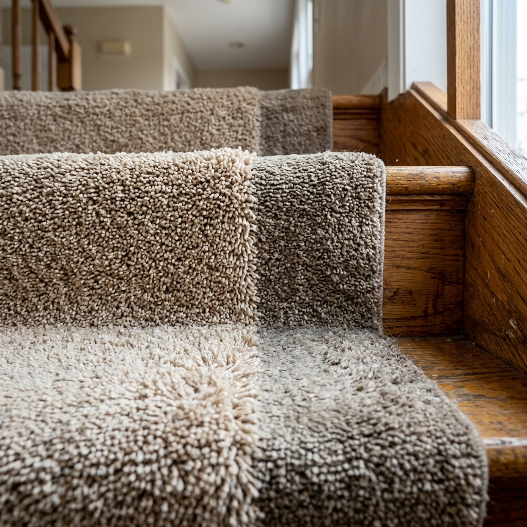 Close-up comparison of dense nylon carpet fibers beside crushed polyester carpet traffic lanes on residential stairs