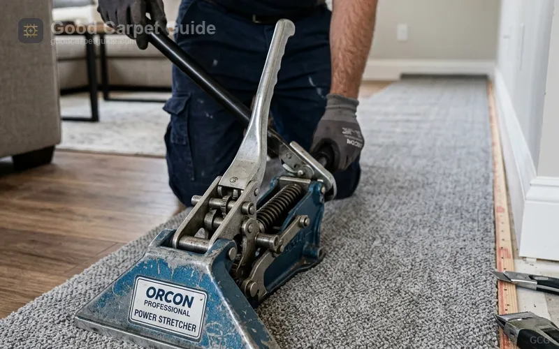 Professional installer using a power stretcher across a living room before trimming excess carpet