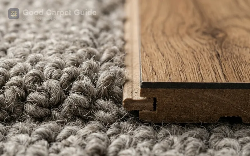Close-up of carpet pile fibers next to laminate plank click-lock edge