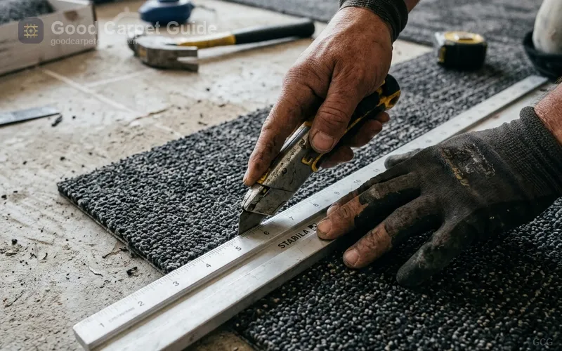 installer cutting perimeter carpet tile using straightedge and utility knife