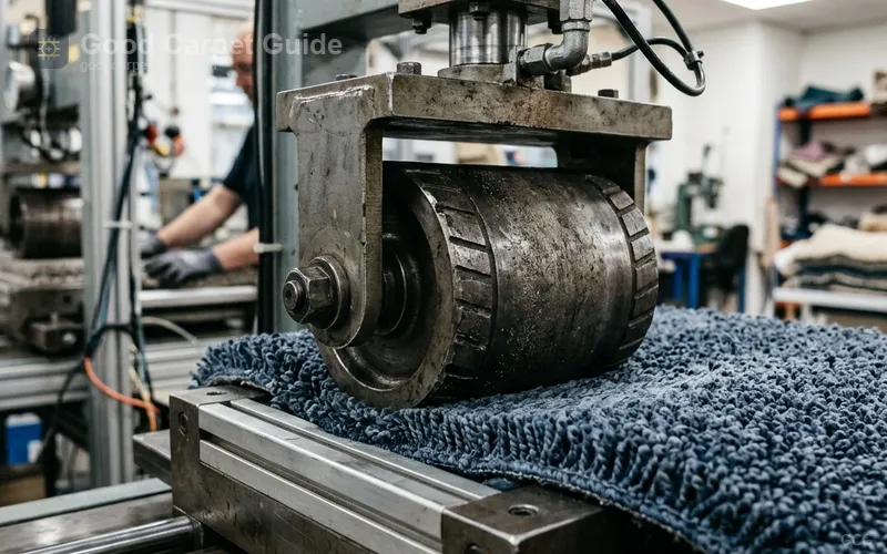 Close-up of a carpet testing machine compressing nylon fibers, showing resilience and bounce-back properties