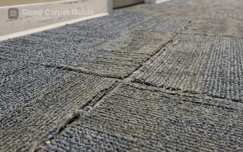 high traffic carpet tile seam wear in office corridor