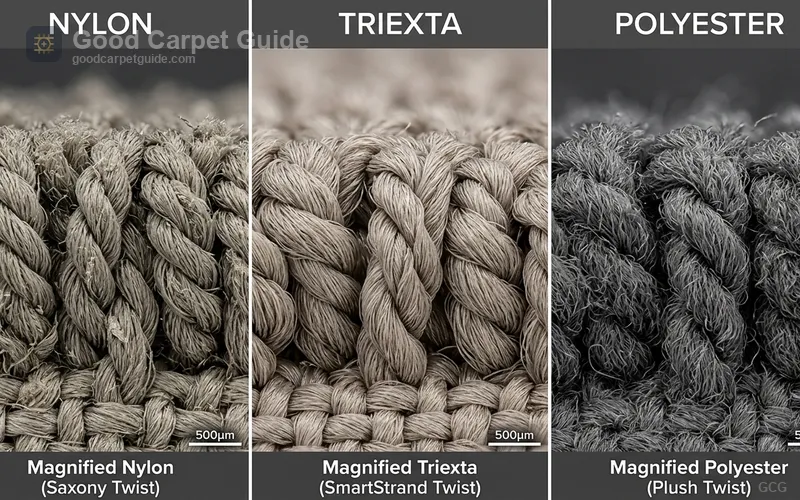 Side-by-side swatches of nylon, Triexta, and polyester carpet fiber under magnification