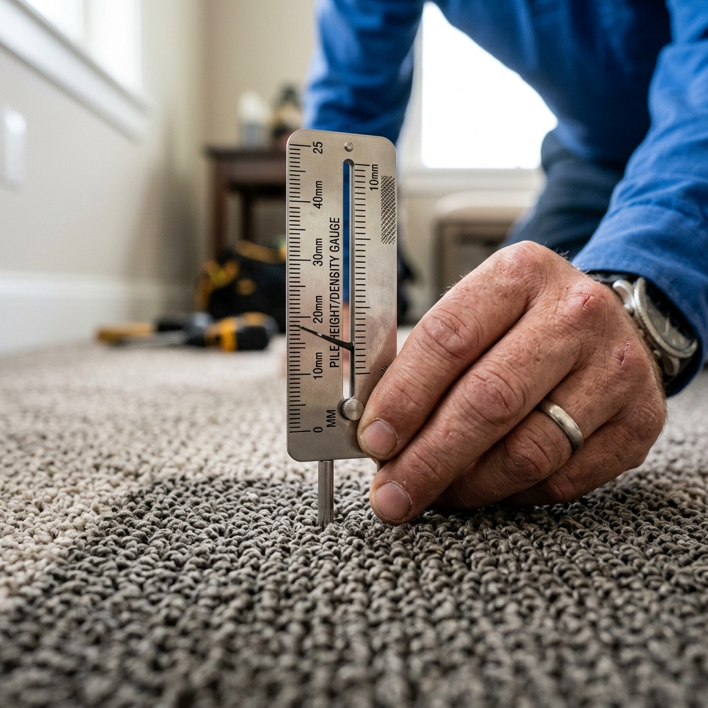 Installer measuring carpet density and pile height using a carpet gauge on textured nylon flooring