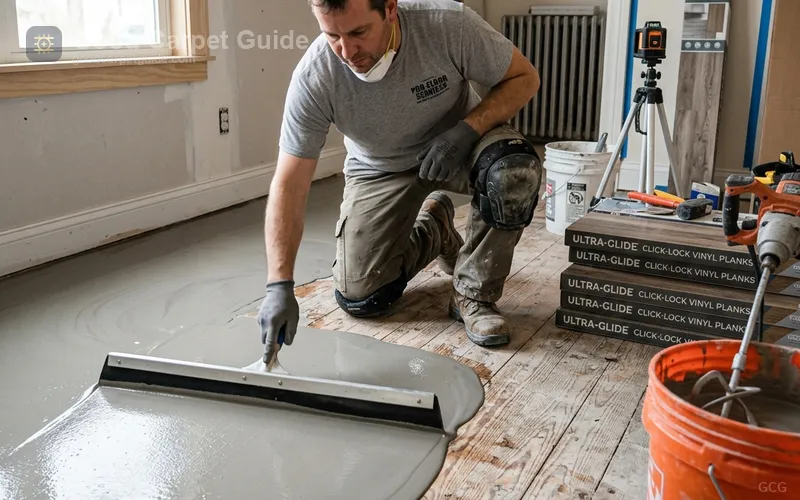 Flooring installer applying grey self-leveling cement compound over wooden subfloor