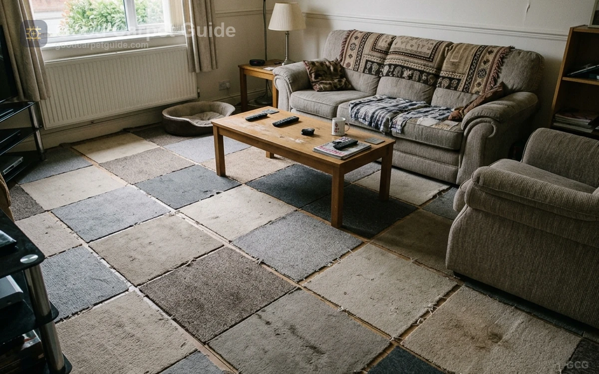 Residential apartment living room with visible carpet tile seams and mismatched replacement squares.
