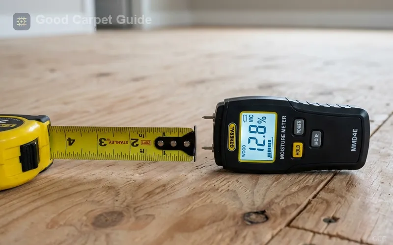 Installer measuring subfloor before carpet installation