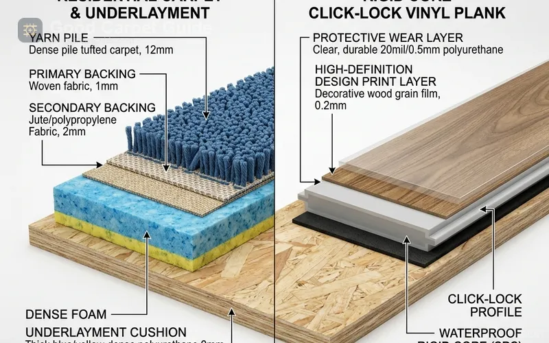 Technical 3D cross-section diagram showing carpet layers and vinyl plank layers side-by-side