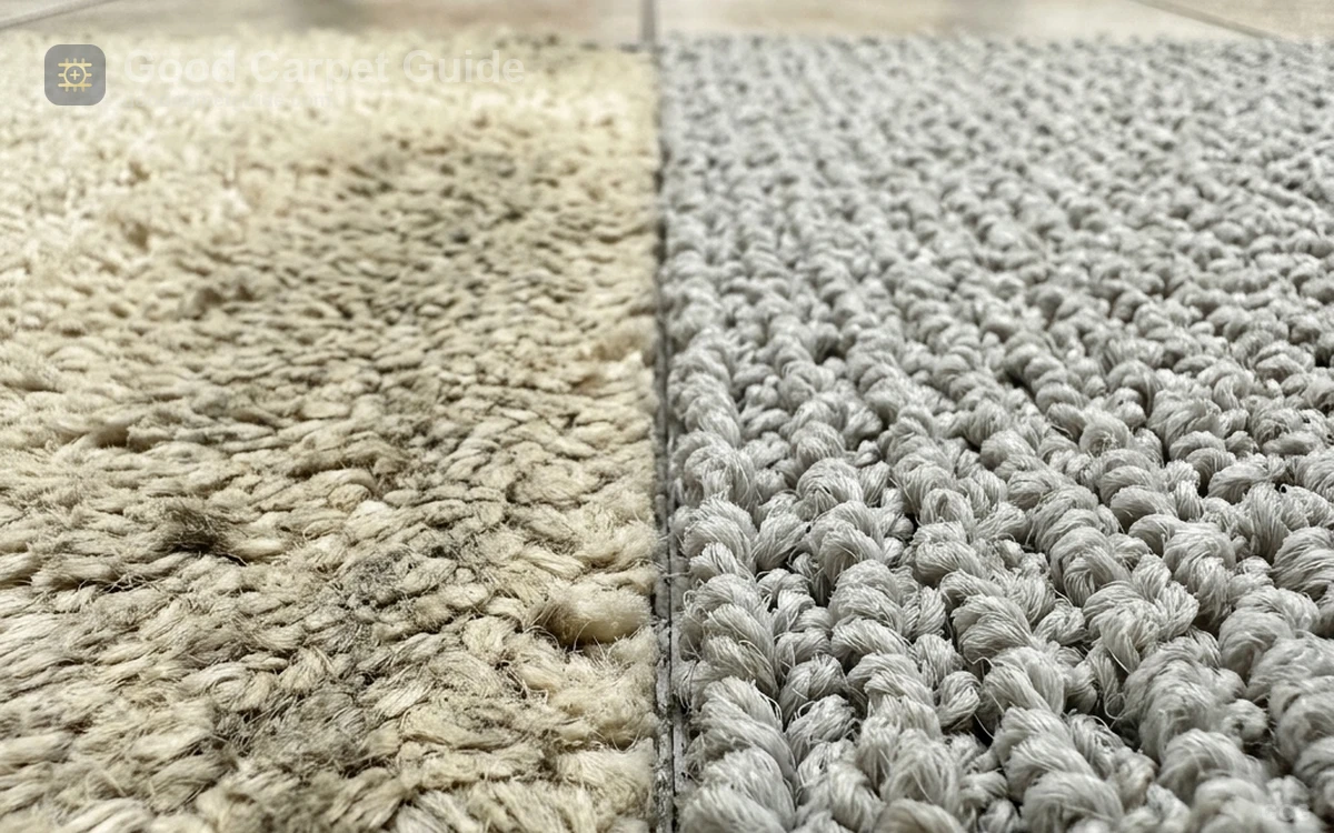 Close-up comparison of crushed PET polyester fibers versus upright solution-dyed nylon fibers after heavy hallway traffic.