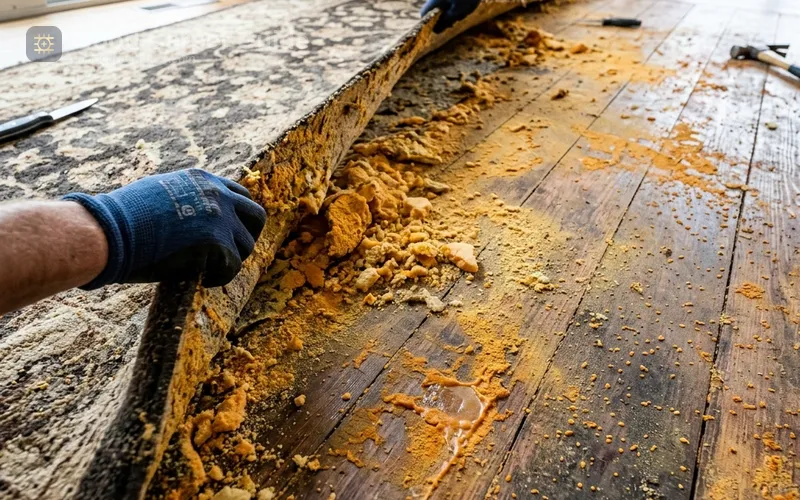 Degraded prime foam padding turning into yellow dust over hardwood flooring