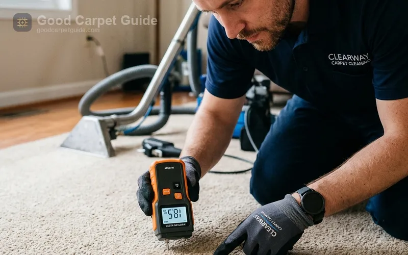 Technician inspecting a recurring coffee stain with moisture meter on beige residential carpet