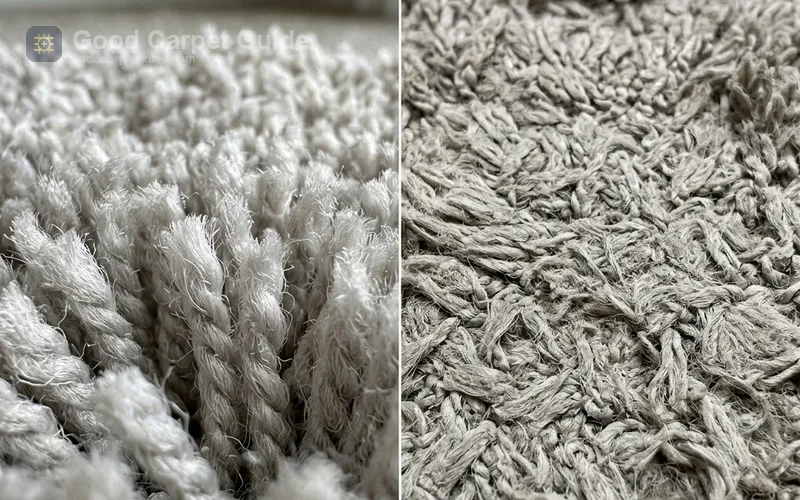 Alt text: apartment carpet pile texture close-up showing cut-pile tufts before and after traffic wear