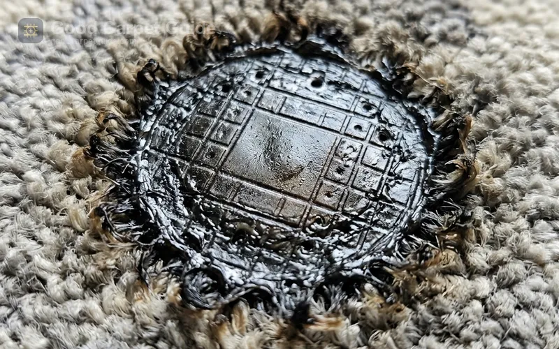 Close-up of a melted iron burn circle on nylon carpet pile before excision repair