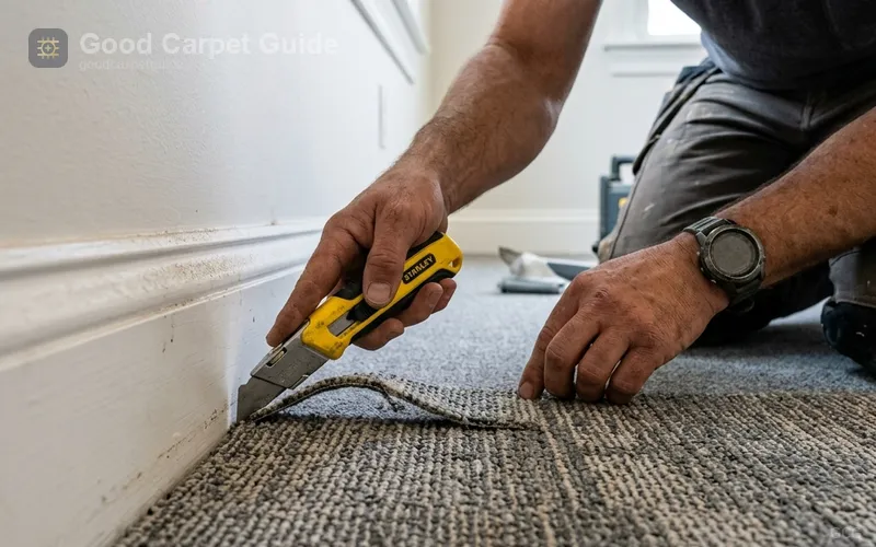 installer trimming perimeter carpet tile at wall edge