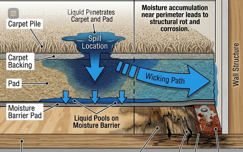 Pet urine migrating toward wall edges above a moisture barrier carpet pad