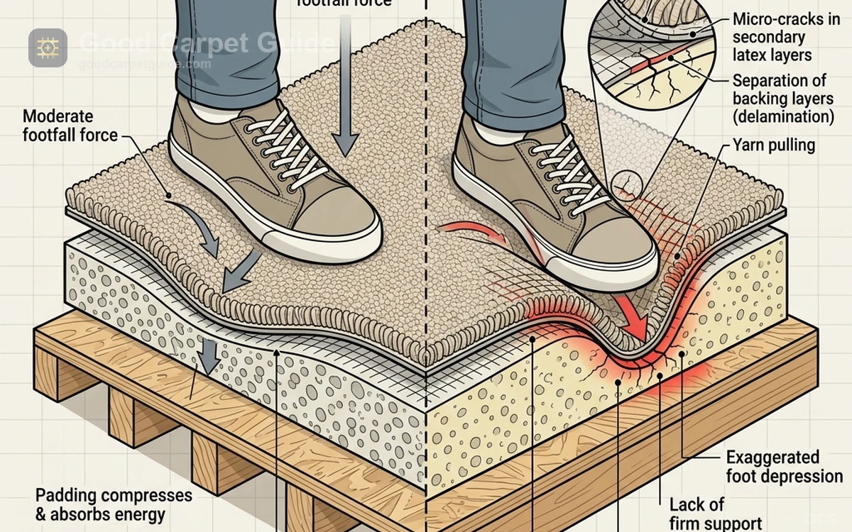 Cross-section showing carpet, cushion, subfloor, and excessive flex