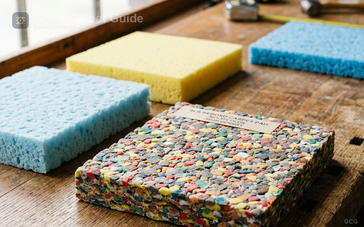 Multiple carpet pad samples showing differences between dense rebond padding and thick soft foam underlayment.