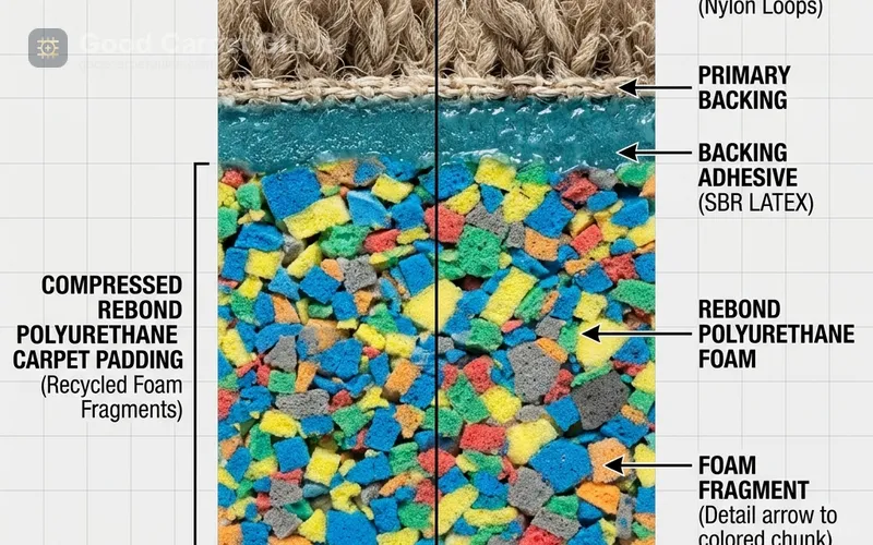 carpet padding cross-section showing rebond foam layers and moisture barrier
