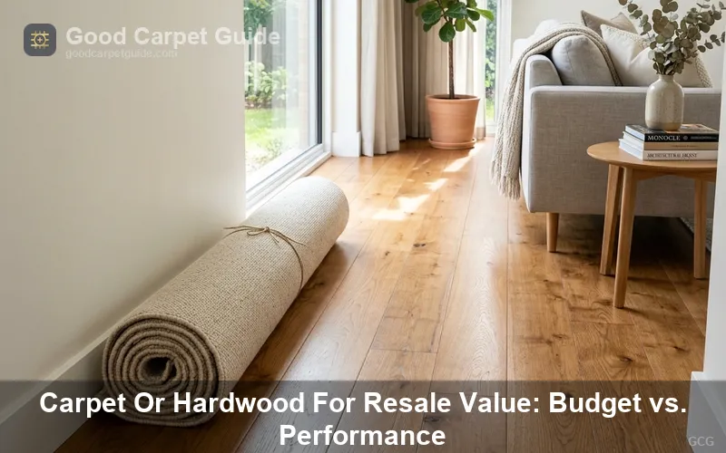 Refinished oak hardwood flooring in a sunlit living room next to a rolled-up carpet remnant