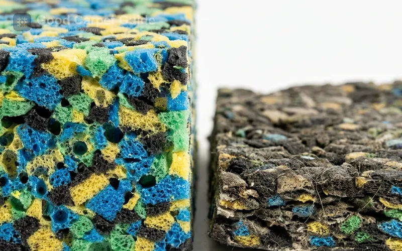 Side-by-side comparison of healthy uncompressed 8-lb rebond foam versus severely flattened foam from a high-traffic hallway