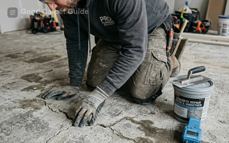 installer inspecting concrete subfloor for cracks moisture and contamination
