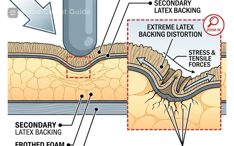 Cross-section showing carpet backing flexing over thick low-density foam padding
