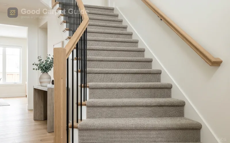 Residential staircase with newly stretched carpet wrapped tightly around stair nosings