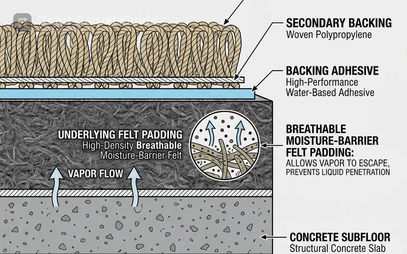 Cross-section diagram of high-density padding with breathable moisture skin over concrete subfloor