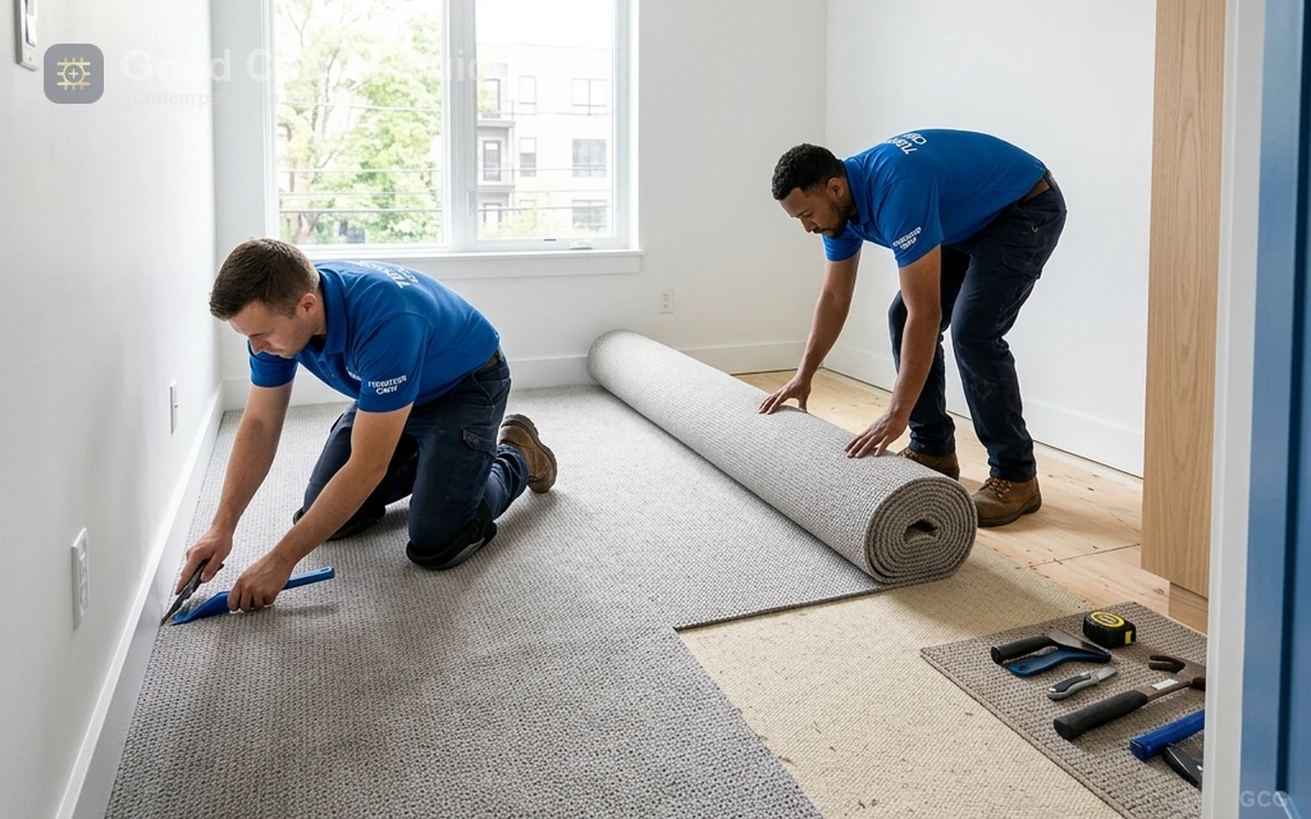 Apartment turnover crew installing neutral gray rental carpet during a budget renovation project.