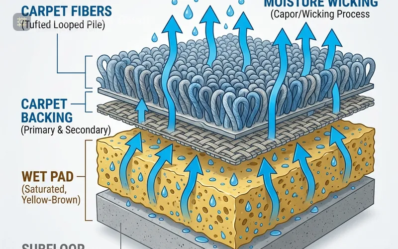 Cross-sectional illustration showing carpet fiber backing padding and moisture wicking upward