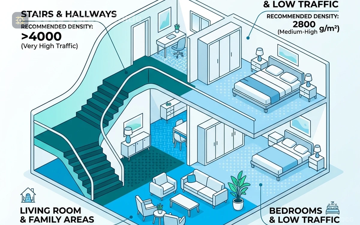 Multiple residential spaces showing appropriate carpet constructions