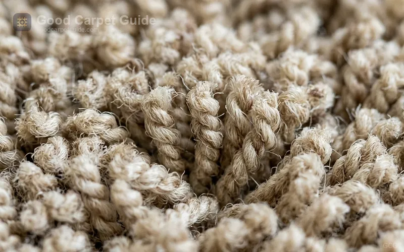 Close-up of triexta carpet frieze texture showing twisted heat-set fibers
