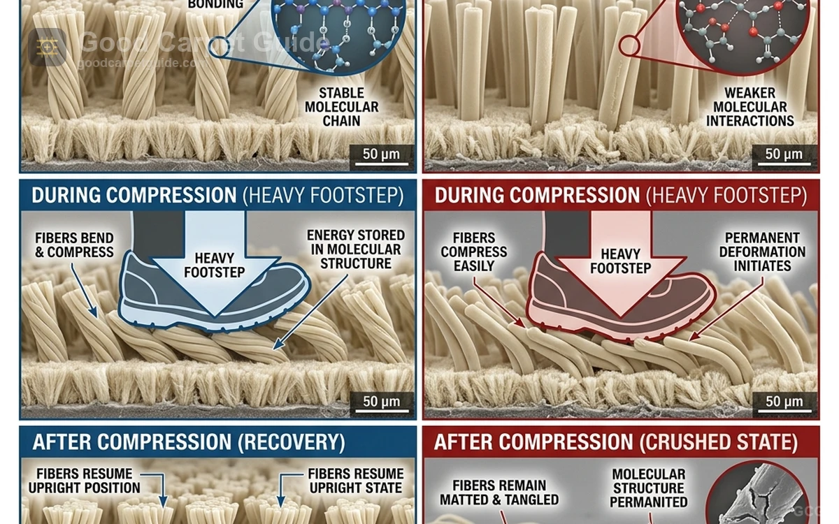 Microscopic comparison of nylon fibers recovering upright after compression beside polyester fibers remaining crushed and flattened inside a traffic lane