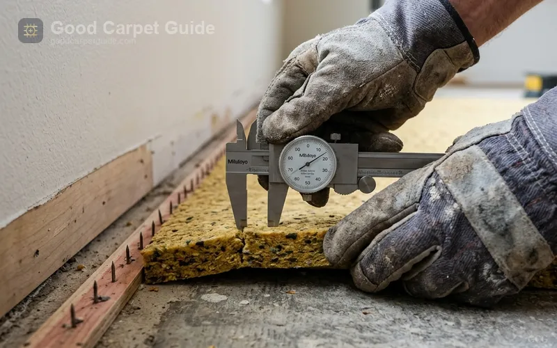 Installer measuring carpet padding thickness with a precision caliper at the tack strip perimeter on a concrete subfloor