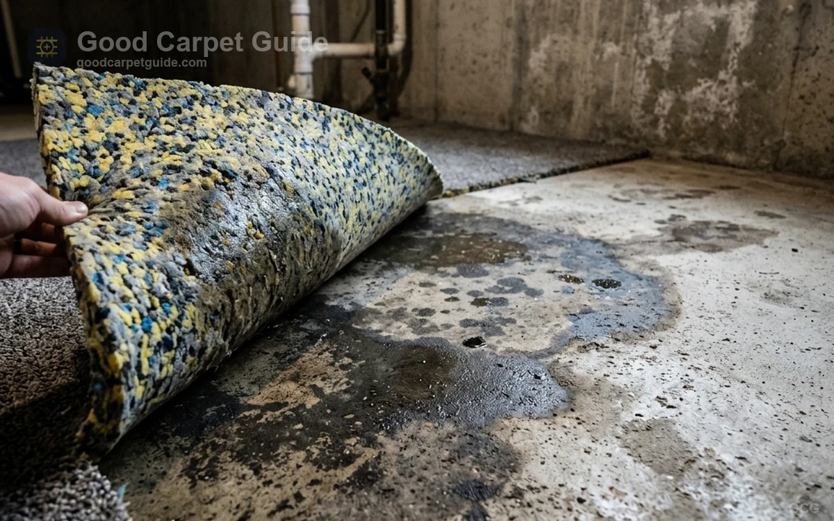Mold contamination beneath a moisture-barrier carpet pad installed over a concrete slab.