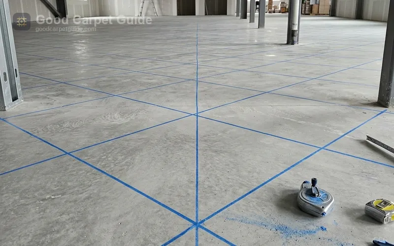 chalk line grid established across commercial floor before carpet tile installation