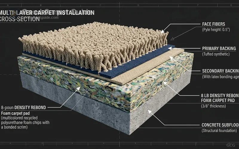 Cross-section diagram of a carpet system showing face fiber, primary backing, secondary backing, and an 8 lb density rebond cushion layer