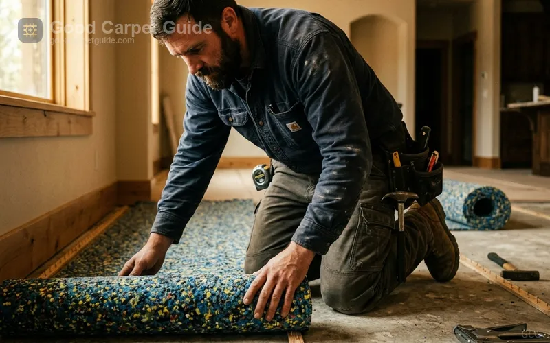 Carpet installer positioning rebond padding over tack strips before stretching carpet