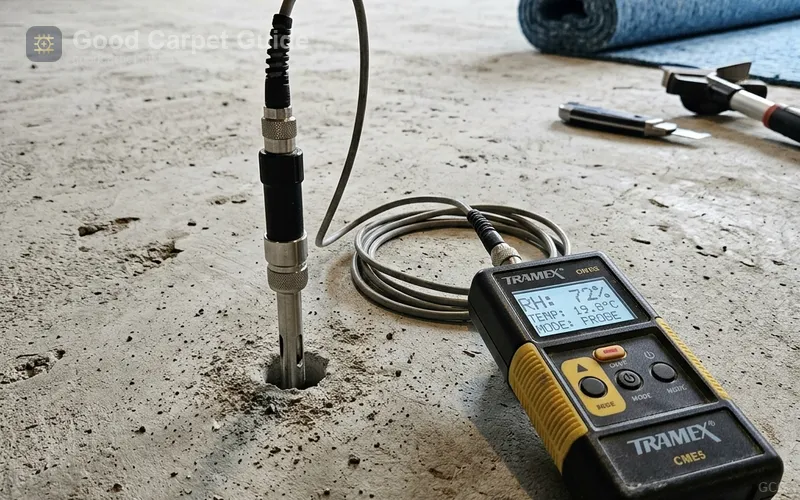 Alt text: carpet tile subfloor moisture testing with ASTM F2170 probe on concrete slab