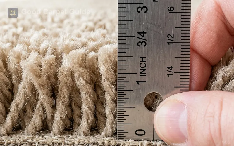 Close-up cross-section of high pile carpet fiber showing pile height measurement from backing to tip