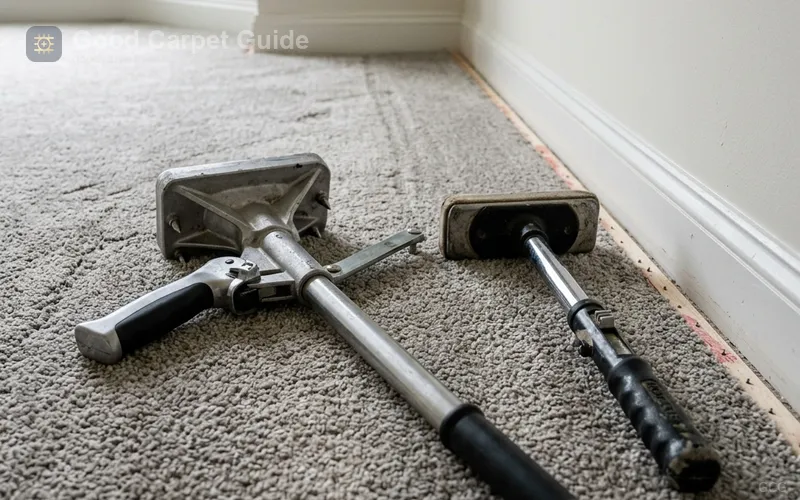 Power stretcher and knee kicker laid beside a partially installed carpet seam