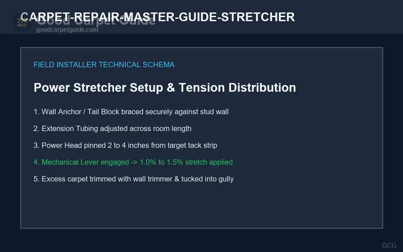 Telescoping power stretcher head engaged against baseboard