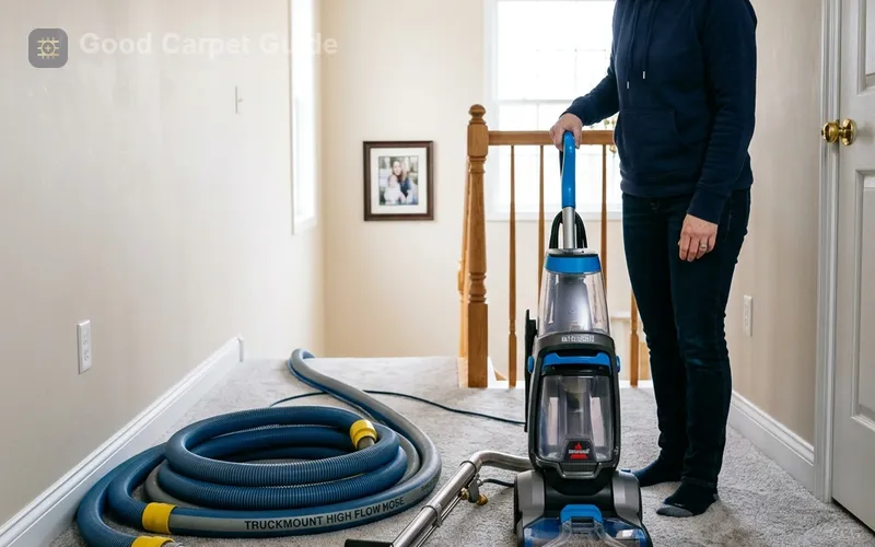A homeowner comparing a professional truckmount hose setup against a compact consumer upright extractor in a hallway