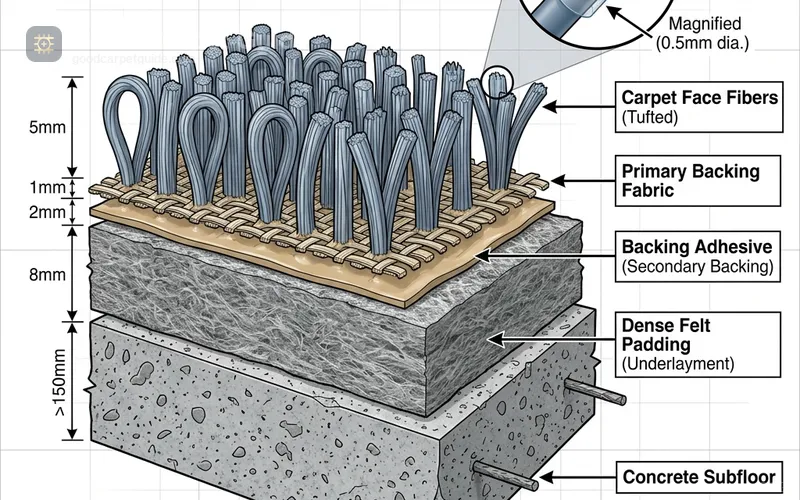 Cross-section diagram showing carpet face fiber, topical protector coating, and underlying felt padding layered above a concrete subfloor