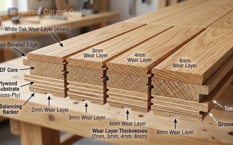 Macro close-up cutaway diagram of engineered hardwood floor planks showing real wood wear layer thickness differences