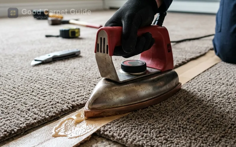 Seam sealing with a heated iron and latex tape happens before the carpet edges are pressed together, the same tension-driven process that later determines whether seam peaking develops.
