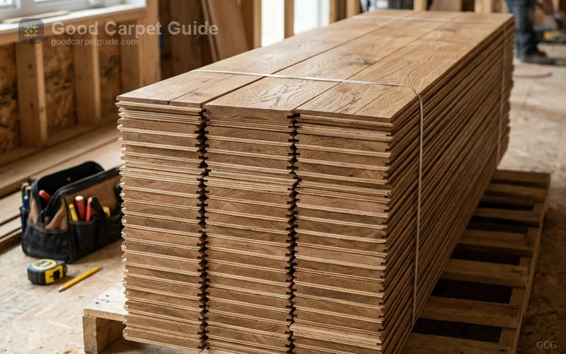 Premium engineered hardwood planks stacked before installation