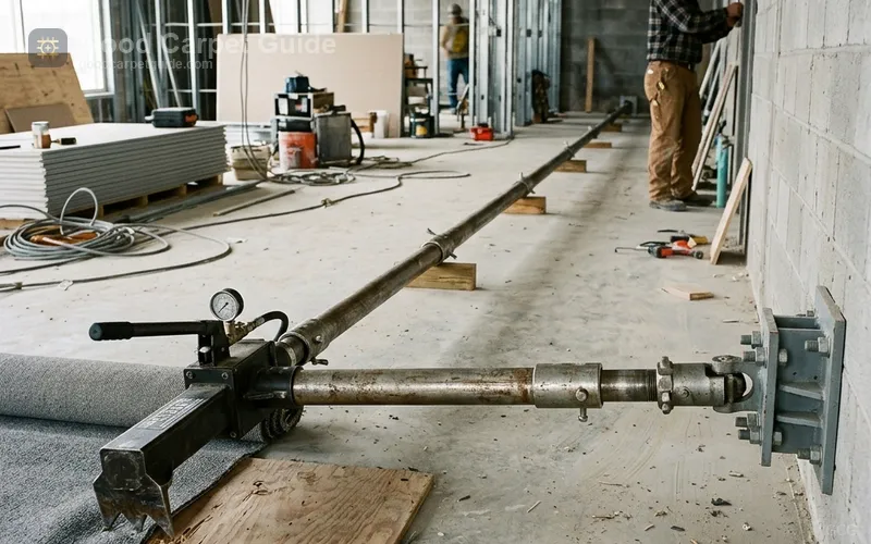 Cross-room setup showing extension poles connecting a power stretcher head to its rear anchor block