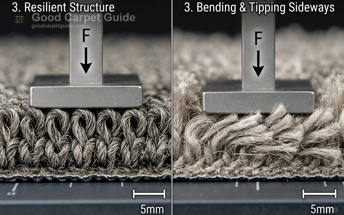 Side-by-side comparison of dense loop nylon carpet versus tall plush polyester carpet